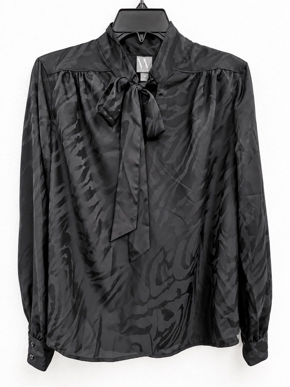W by Worth Black Satin Tie-Neck Jacquard Blouse
